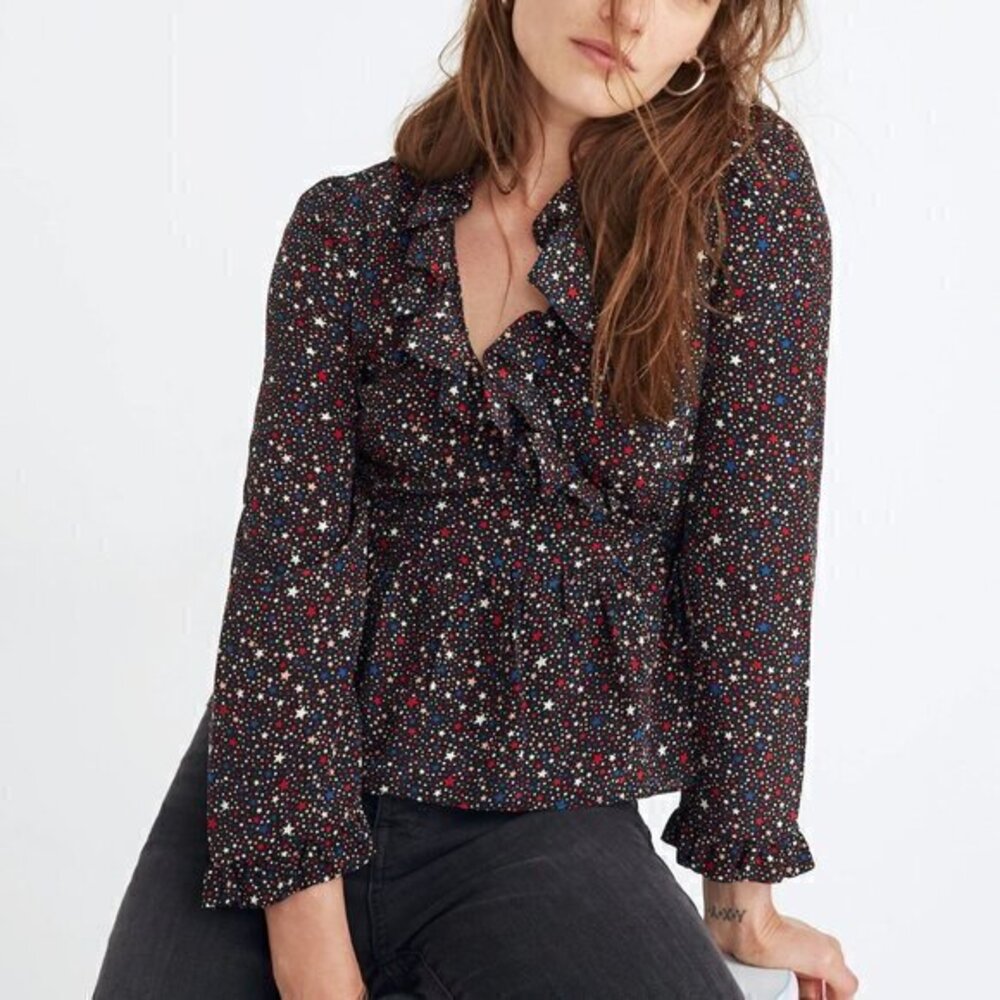 Madewell Silk Ruffle-Hem Wrap Top in Starry Night Size S NWT
